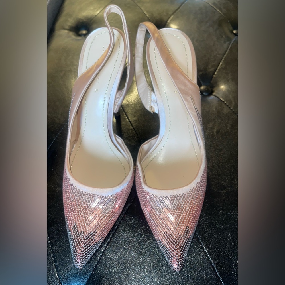 Zara Elegant Pink Sequin Pointed-Toe Slingback Heels size 37